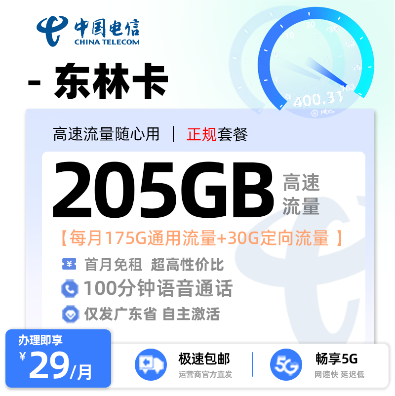 电信东林卡【广东专属】 29元/月享175G全国通用流量+30G定向流量+100分钟