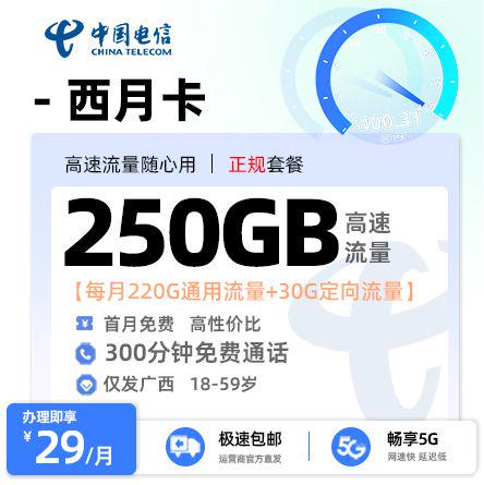 百色电信西月卡29元享205G流量+300分钟通话